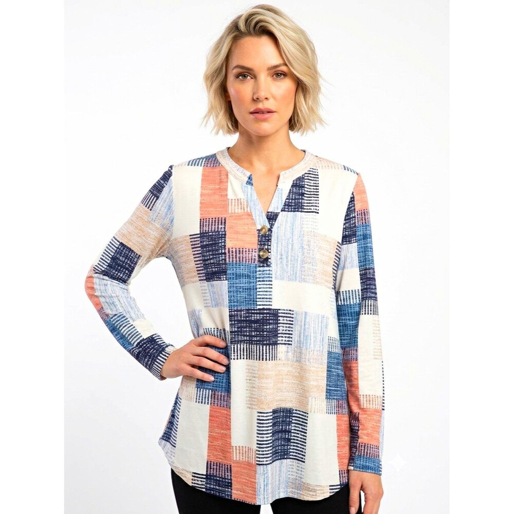 Automet Womens Tunic Top 2XL  cream Blue Geometric V-Neck Long Slv Knit stretch